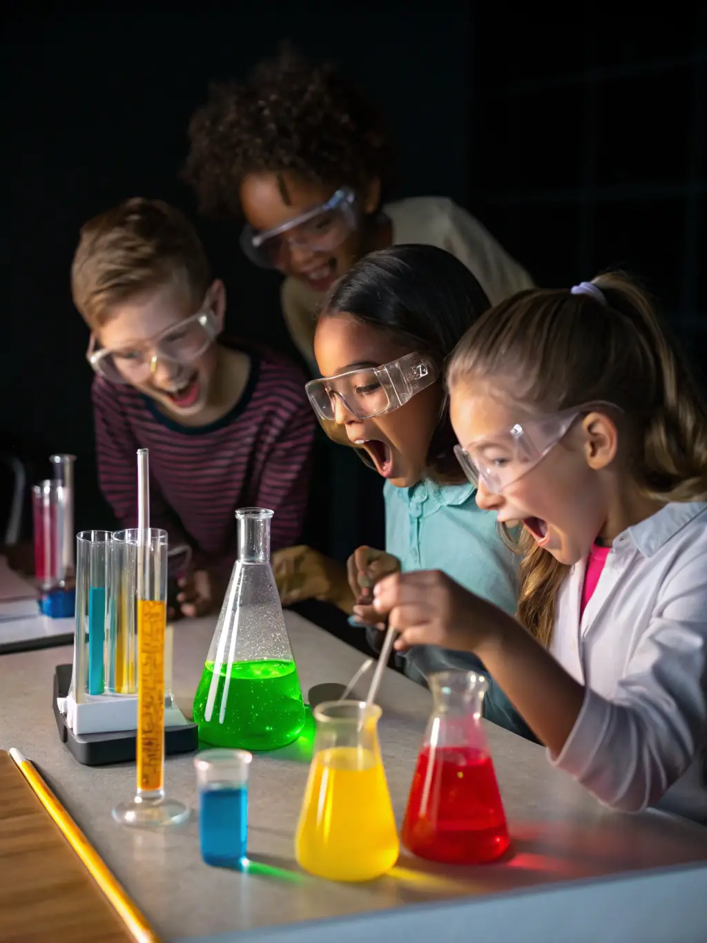 A captivating image of children conducting a simple science experiment at Avalon Christian Preschool's summer camp, like building a volcano or observing plant growth, in a safe and supervised setting.
