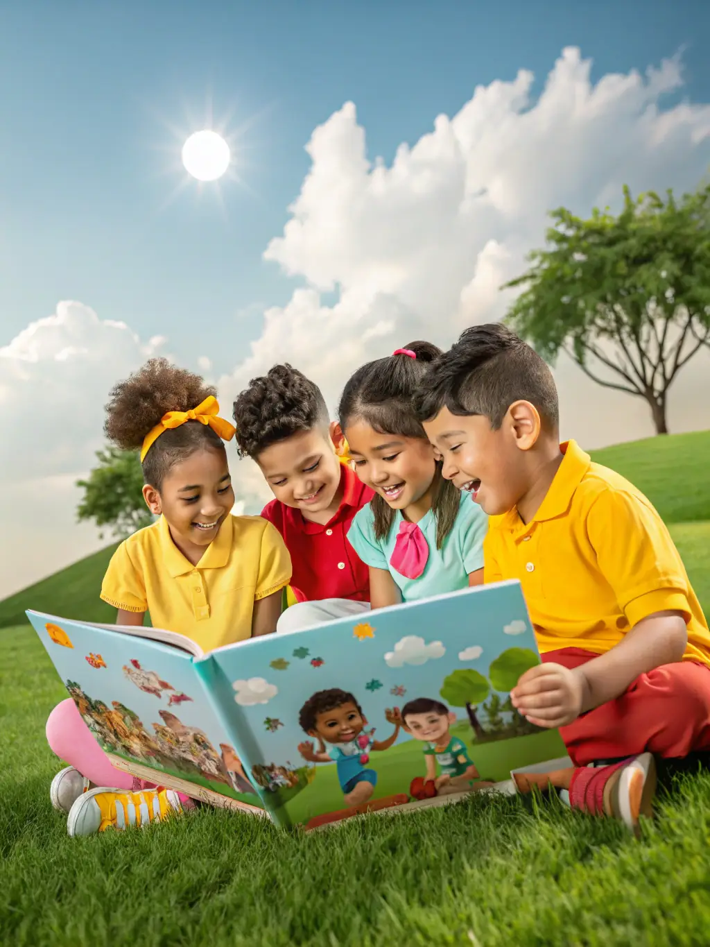 A vibrant image of children engaged in a Bible-themed activity at Avalon Christian Preschool's summer camp, such as a skit or a story-telling session, set in a sunny outdoor environment.